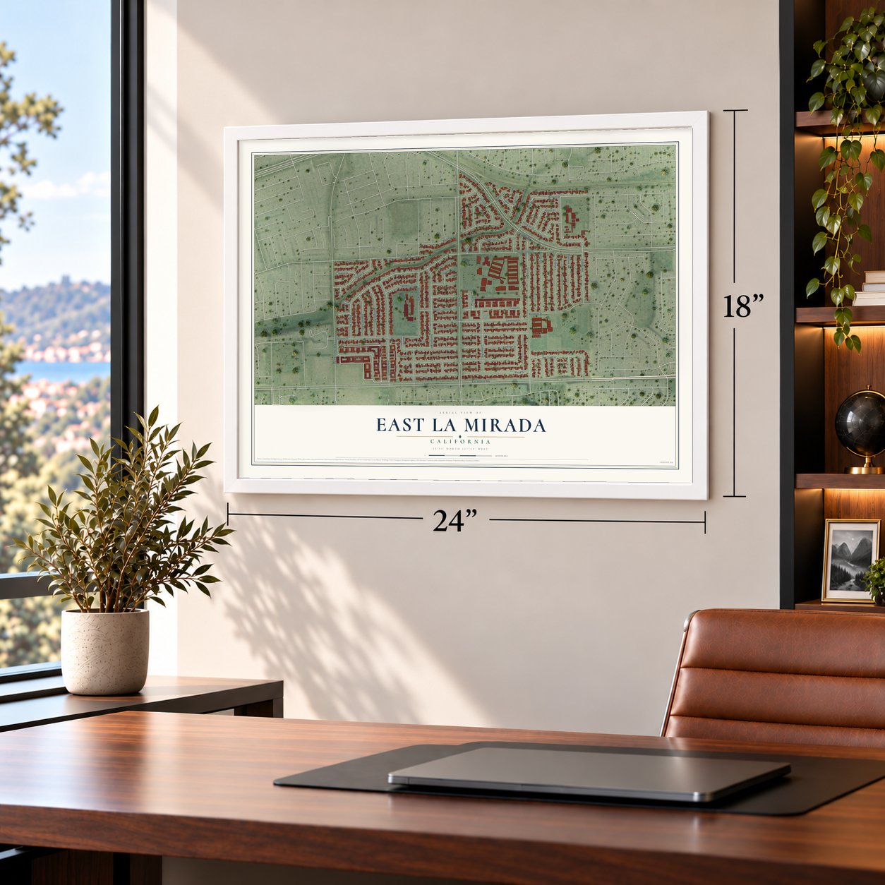 East La Mirada, California map, 18 x 24 inch print in a white frame in a home office