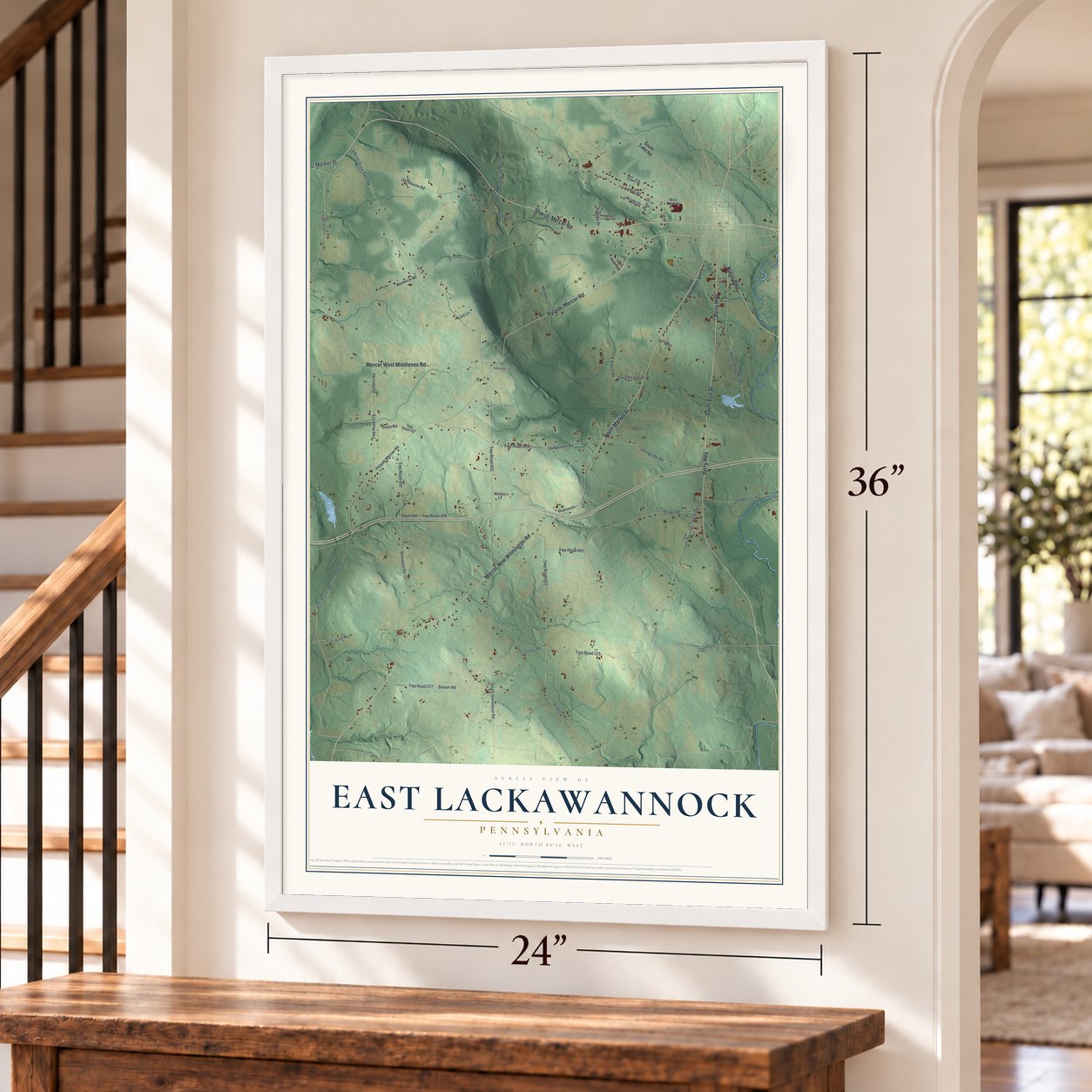 East Lackawannock, Pennsylvania map, 24 x 36 inch print in a white frame by a staircase