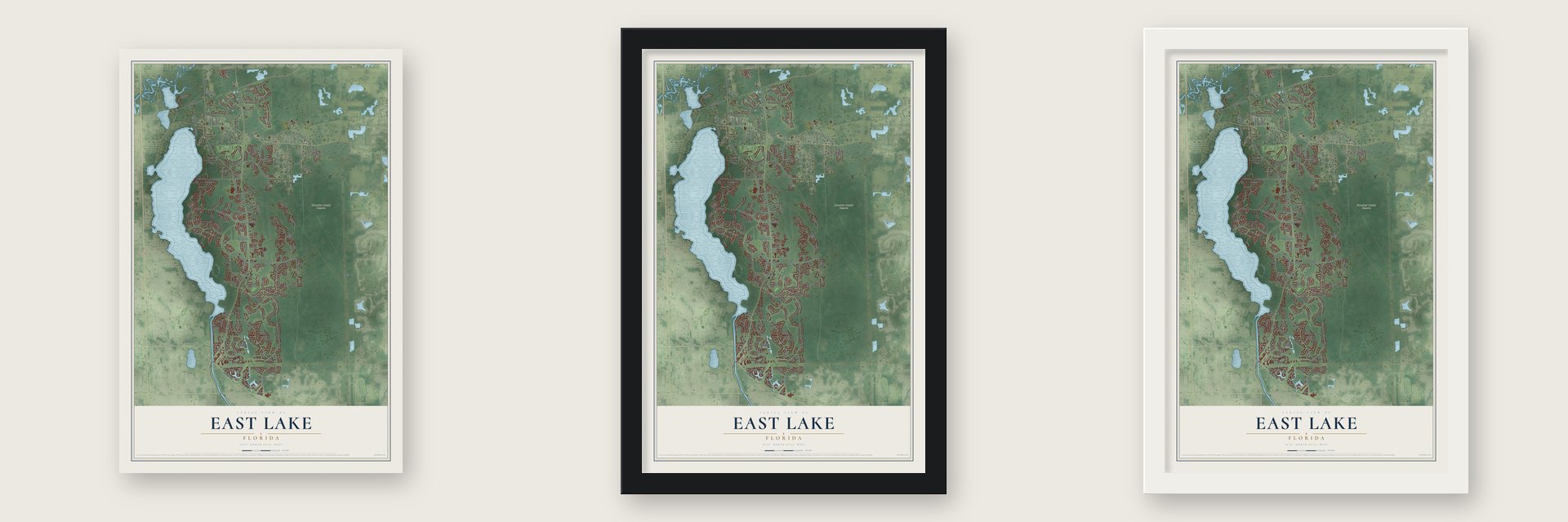 East Lake, Florida map unframed, in a black wood frame and in a white wood frame