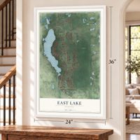 East Lake, Florida map, 24 x 36 inch print in a white frame by a staircase
