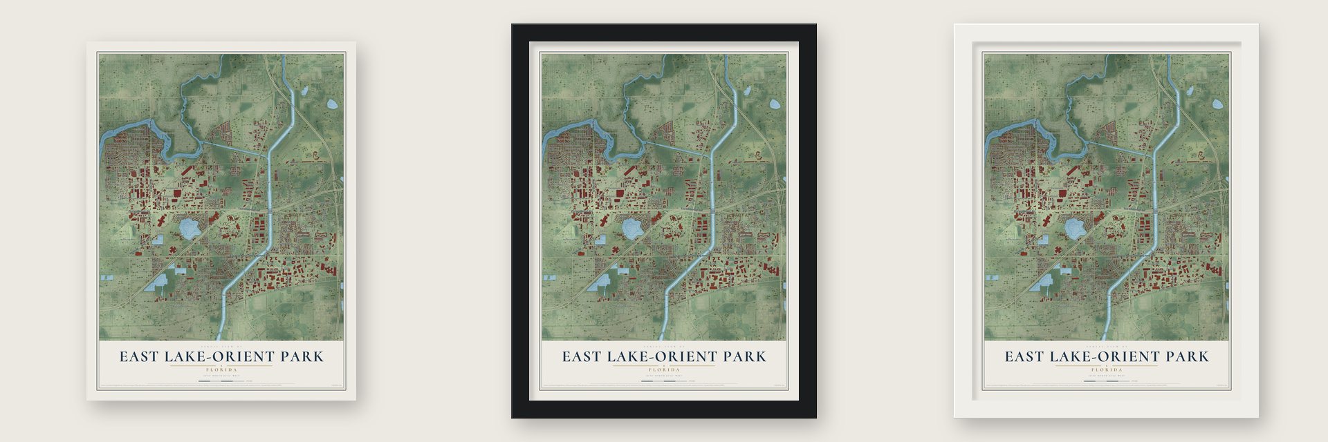 East Lake-Orient Park, Florida map unframed, in a black wood frame and in a white wood frame