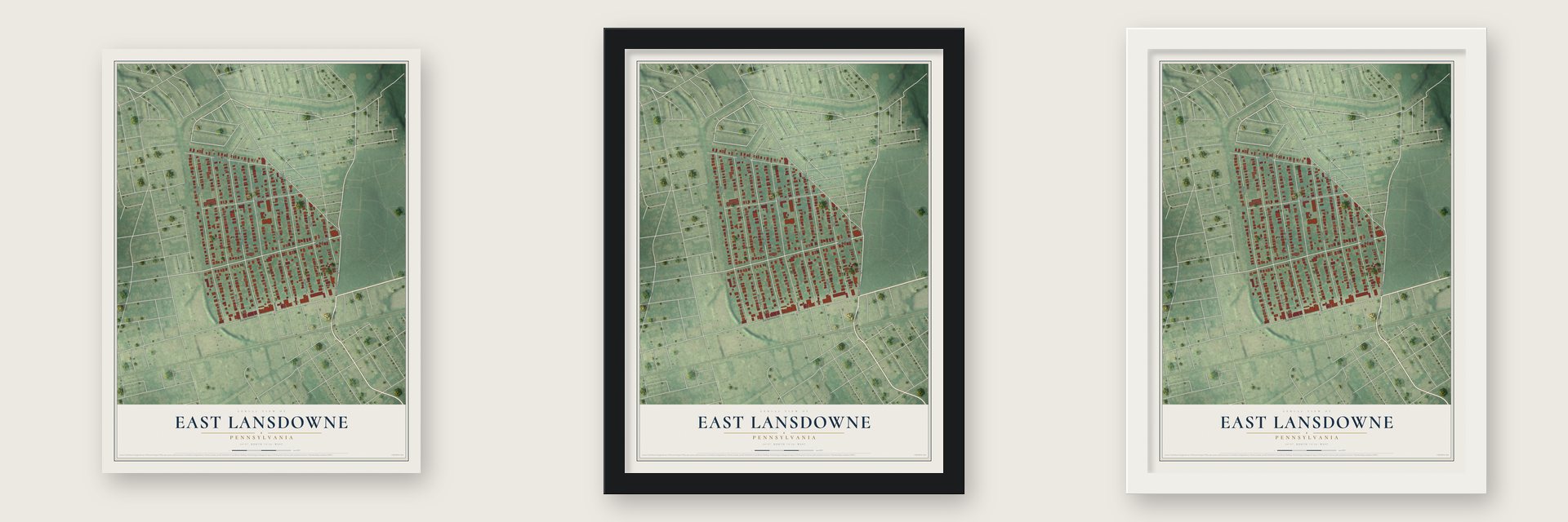 East Lansdowne, Pennsylvania map unframed, in a black wood frame and in a white wood frame