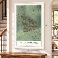 East Lansdowne, Pennsylvania map, 24 x 36 inch print in a white frame by a staircase