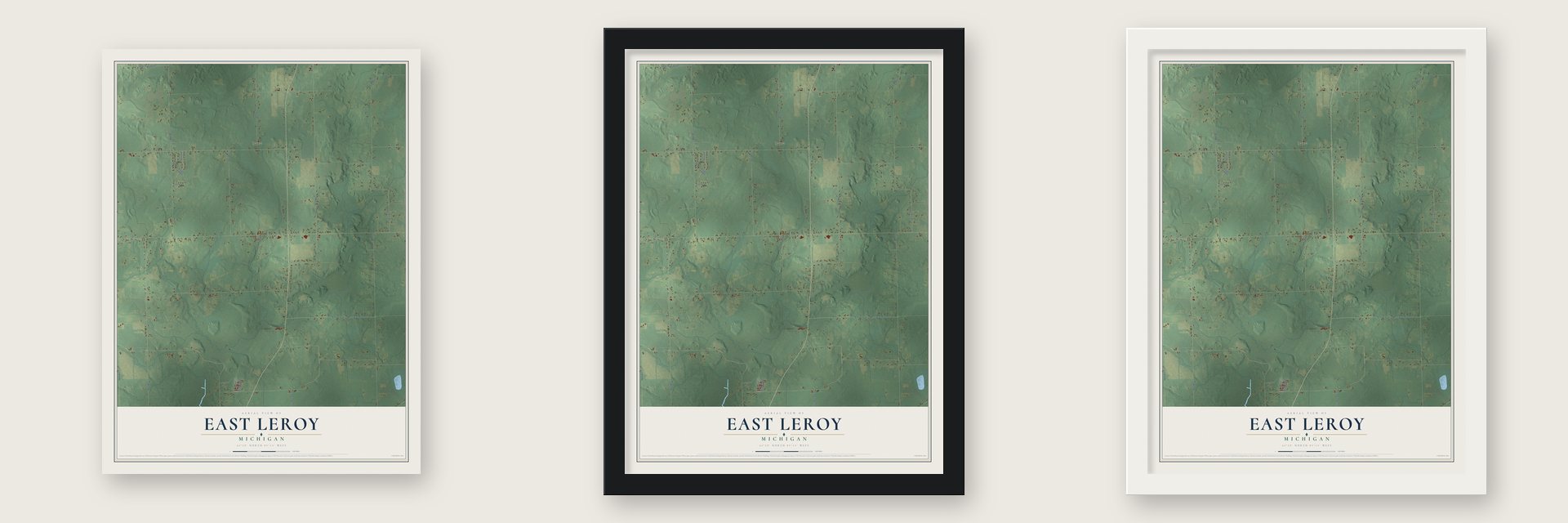 East Leroy, Michigan map unframed, in a black wood frame and in a white wood frame