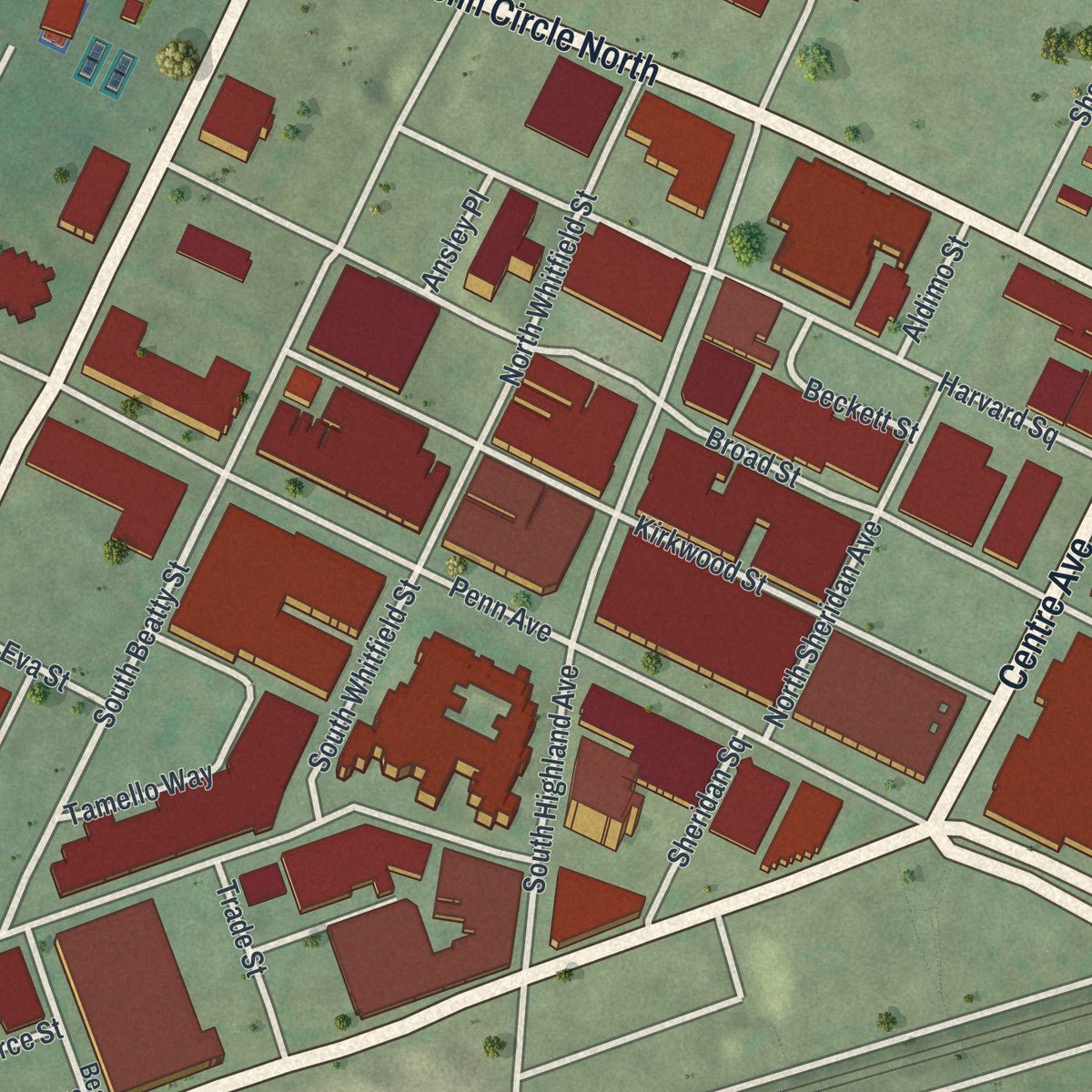 Second close-up of the map of East Liberty, Pennsylvania print showing more streets and buildings