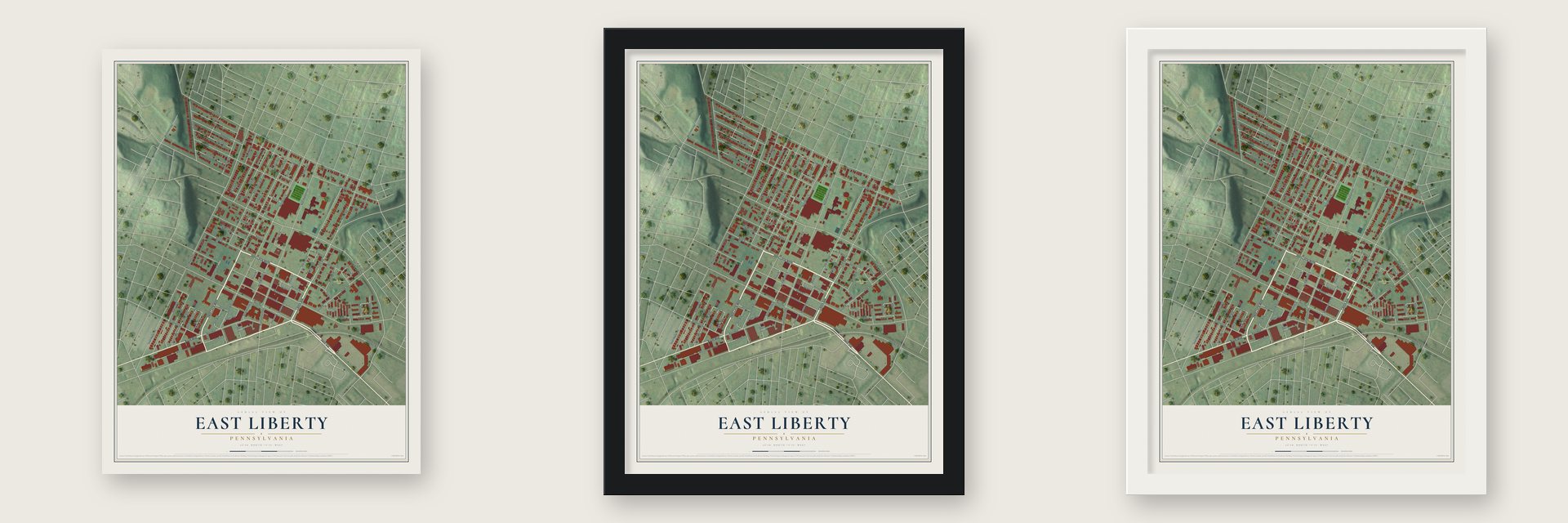 East Liberty, Pennsylvania map unframed, in a black wood frame and in a white wood frame