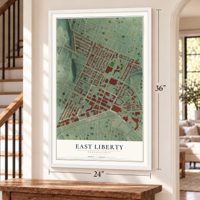 East Liberty, Pennsylvania map, 24 x 36 inch print in a white frame by a staircase