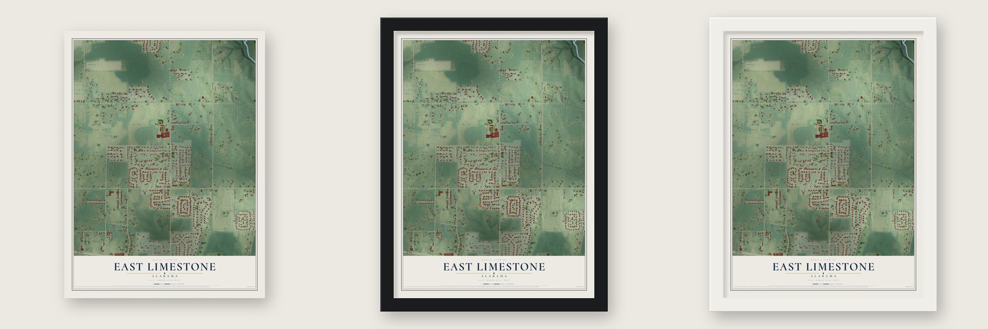 East Limestone, Alabama map unframed, in a black wood frame and in a white wood frame