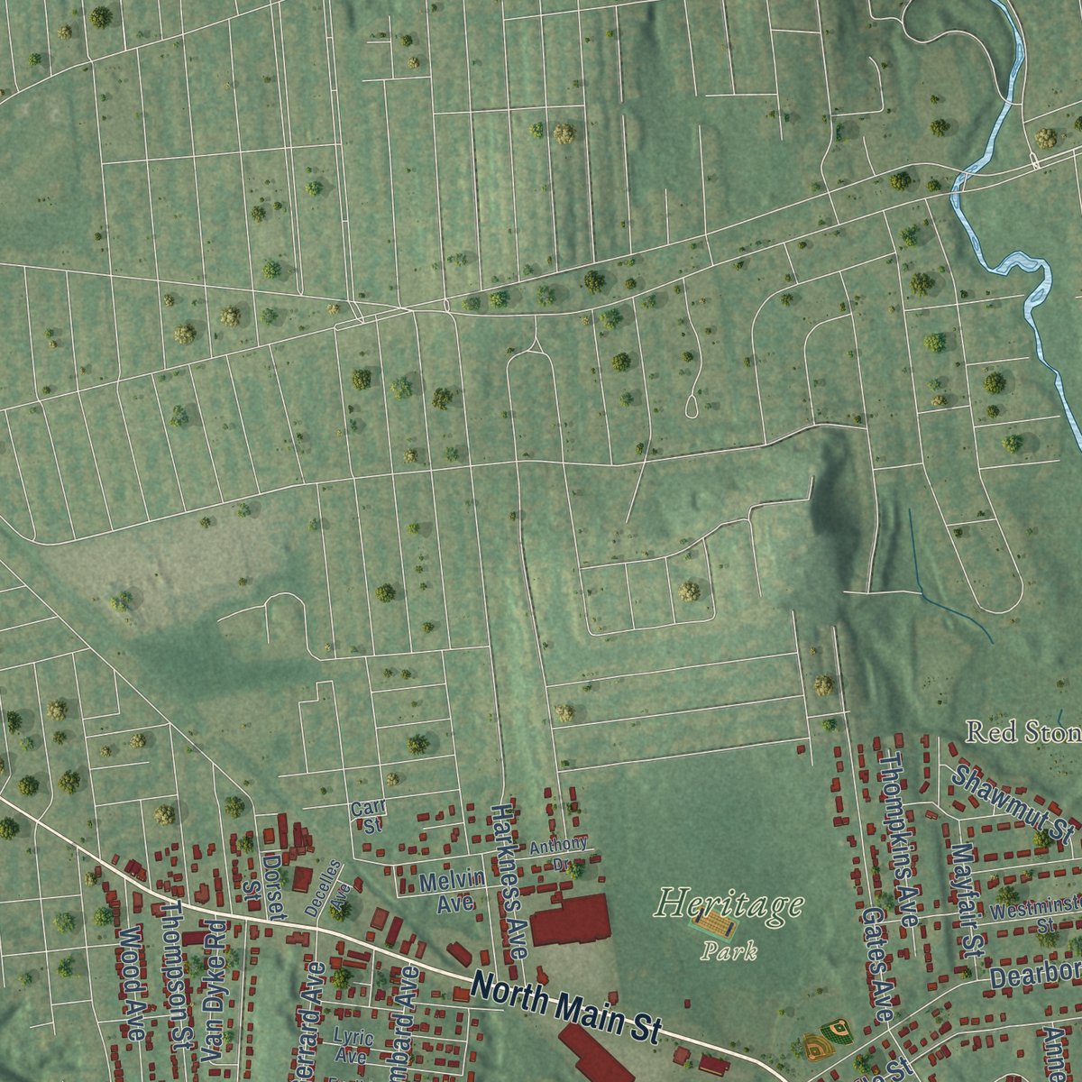 Second close-up of the map of East Longmeadow, Massachusetts print showing more streets and buildings