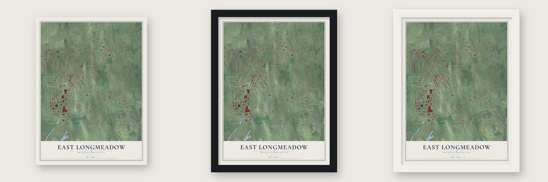 East Longmeadow, Massachusetts map unframed, in a black wood frame and in a white wood frame