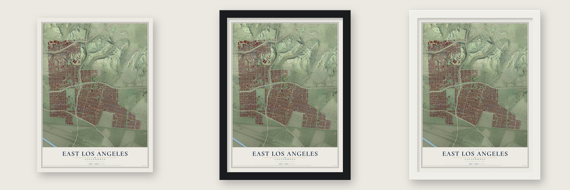 East Los Angeles, California map unframed, in a black wood frame and in a white wood frame