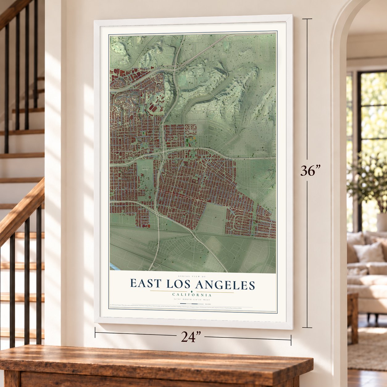 East Los Angeles, California map, 24 x 36 inch print in a white frame by a staircase