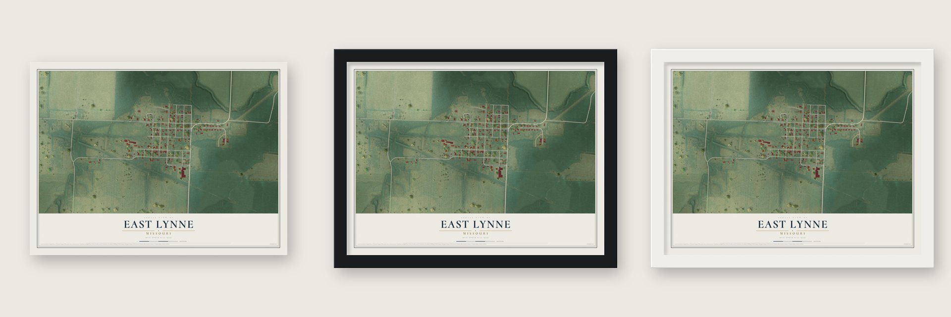 East Lynne, Missouri map unframed, in a black wood frame and in a white wood frame