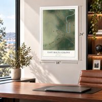 East Malta Colony, Montana map, 18 x 24 inch print in a white frame in a home office