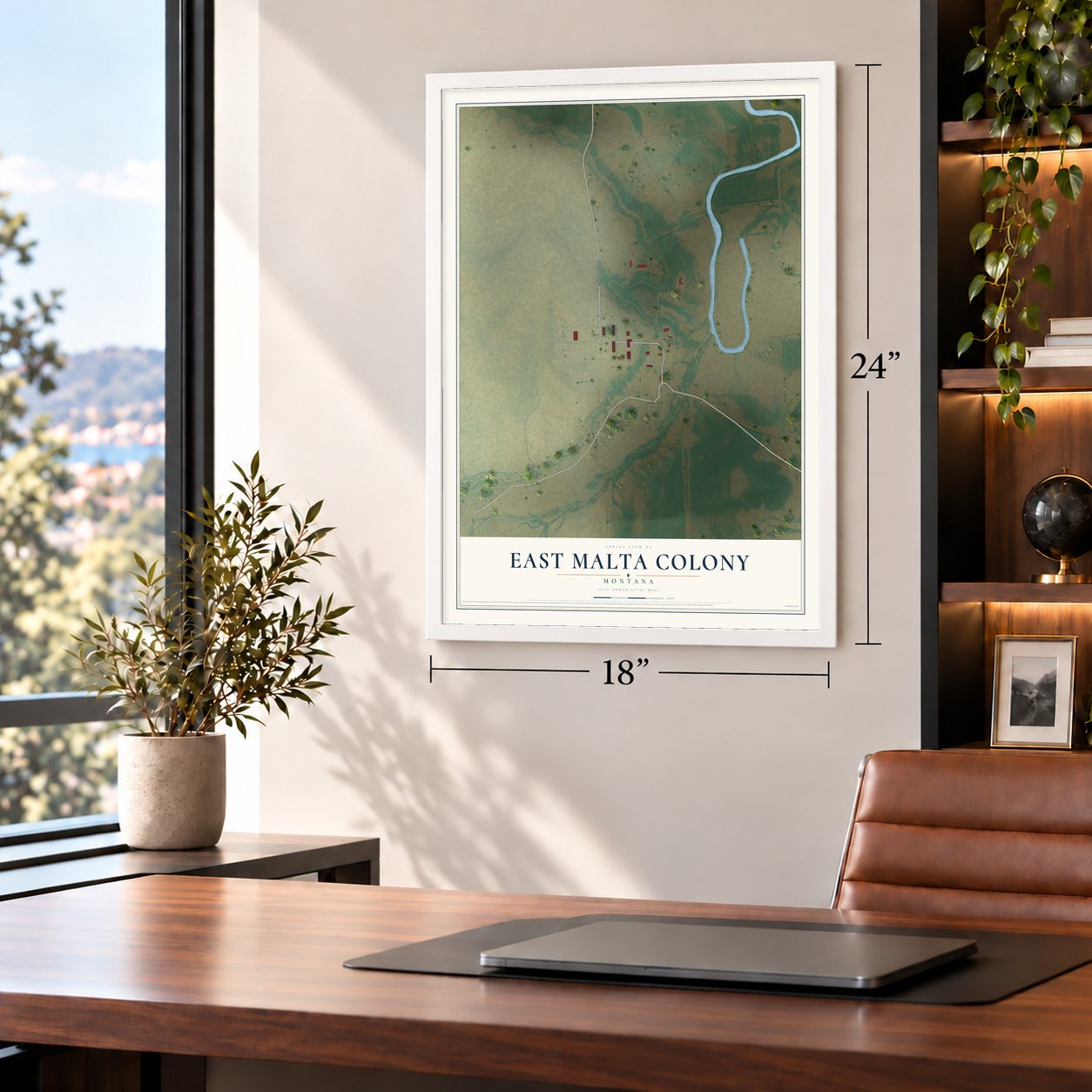 East Malta Colony, Montana map, 18 x 24 inch print in a white frame in a home office