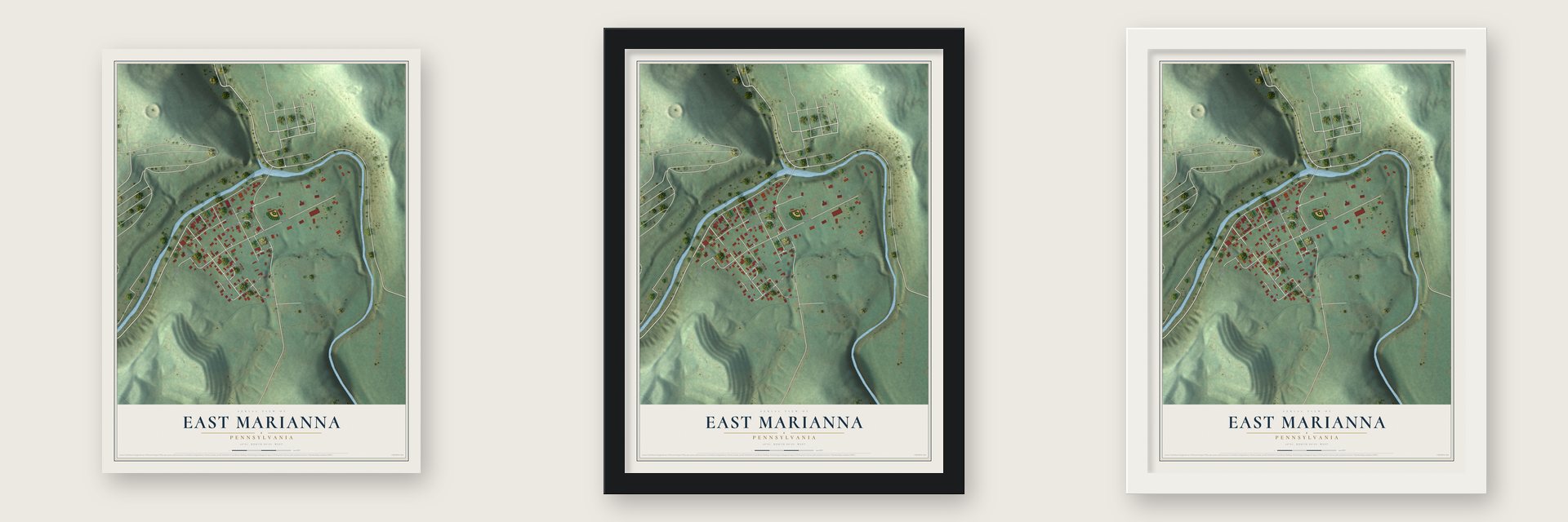 East Marianna, Pennsylvania map unframed, in a black wood frame and in a white wood frame