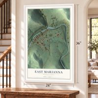 East Marianna, Pennsylvania map, 24 x 36 inch print in a white frame by a staircase