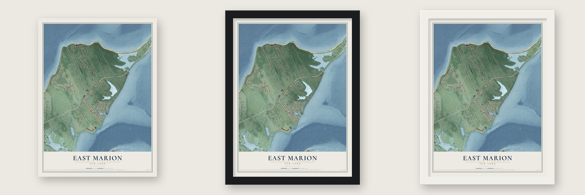 East Marion, New York map unframed, in a black wood frame and in a white wood frame