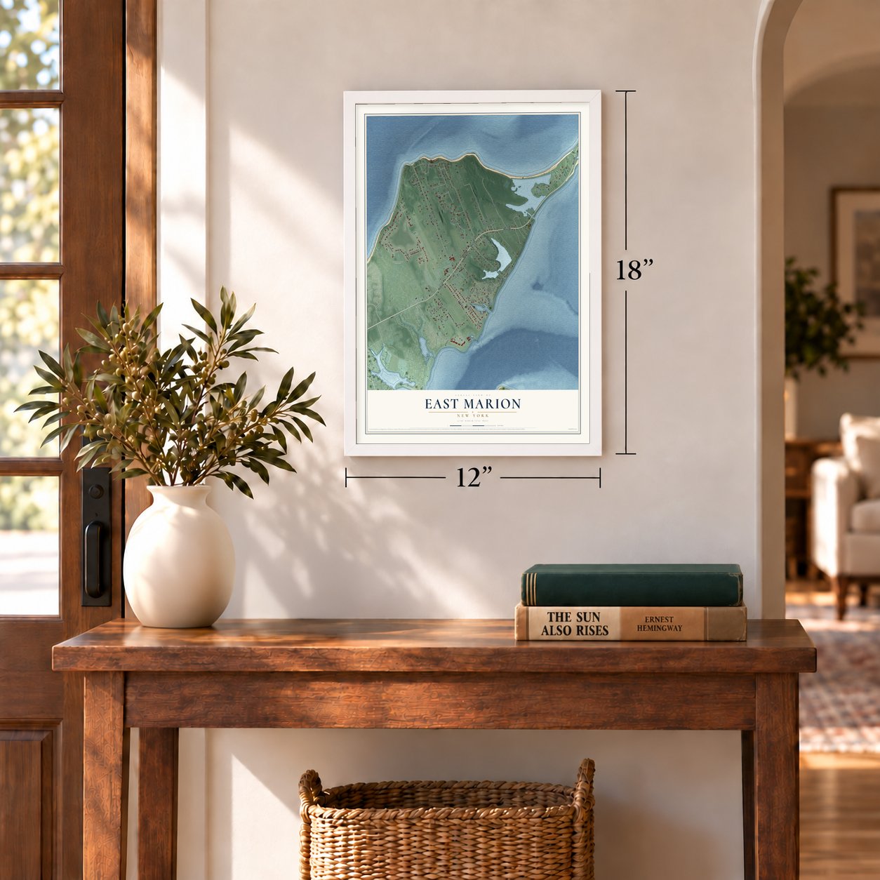 East Marion, New York map, 12 x 18 inch print in a white frame in an entryway