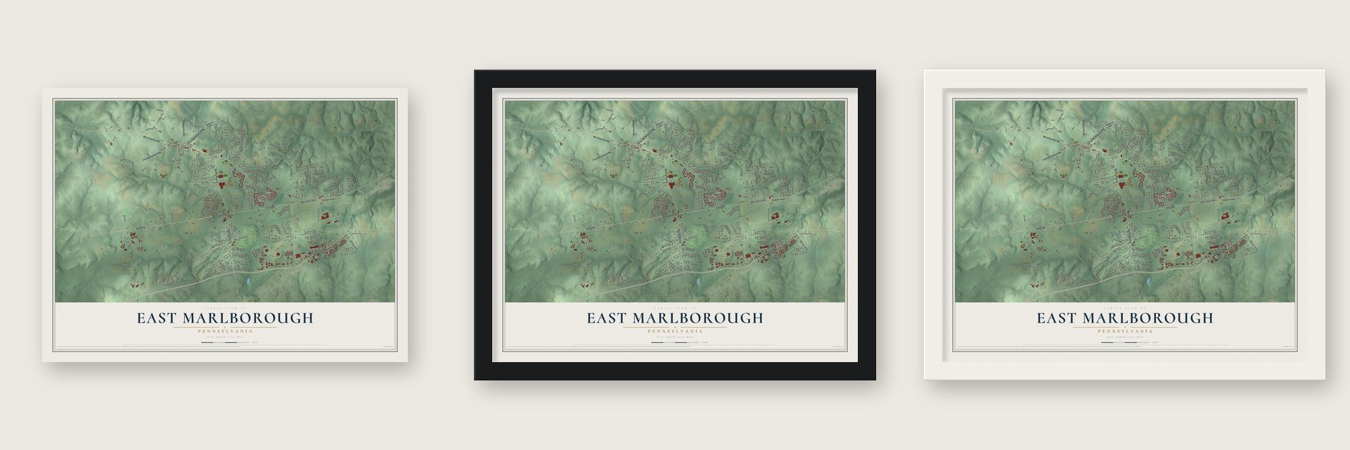 East Marlborough, Pennsylvania map unframed, in a black wood frame and in a white wood frame