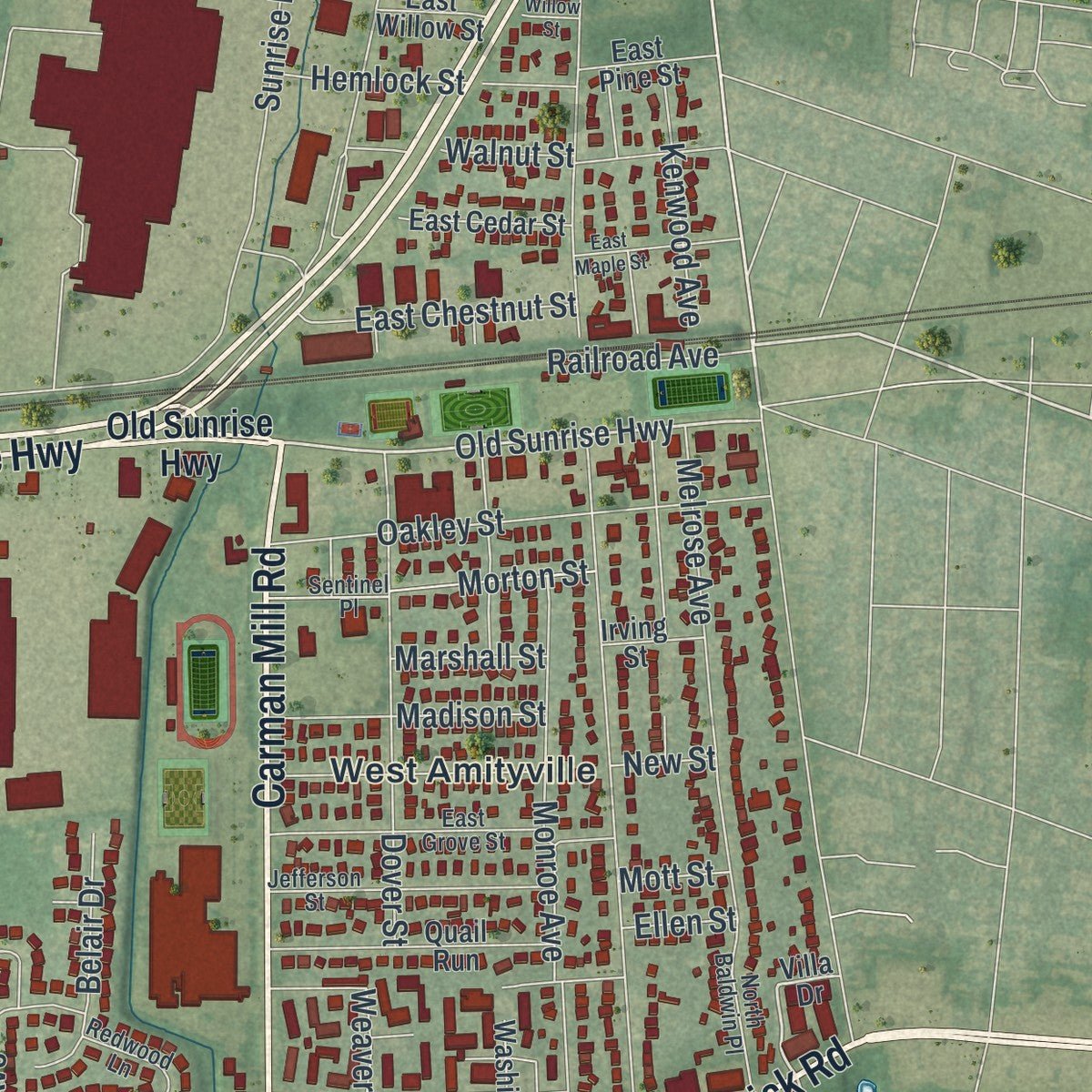 Second close-up of the map of East Massapequa, New York print showing more streets and buildings
