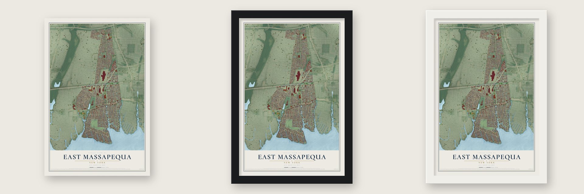 East Massapequa, New York map unframed, in a black wood frame and in a white wood frame