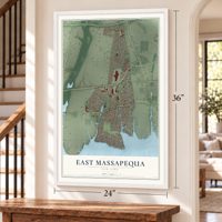 East Massapequa, New York map, 24 x 36 inch print in a white frame by a staircase