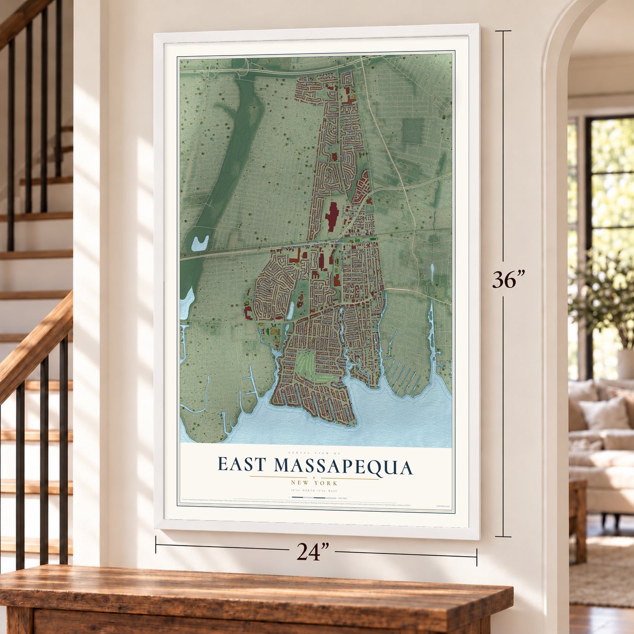 East Massapequa, New York map, 24 x 36 inch print in a white frame by a staircase