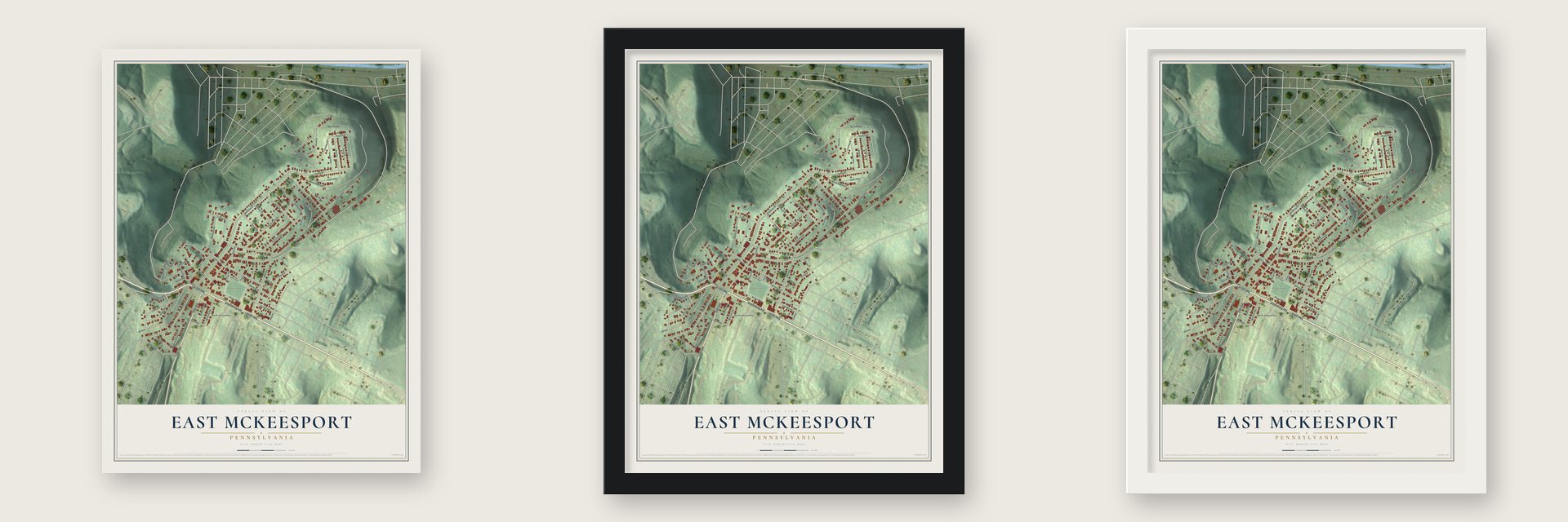 East McKeesport, Pennsylvania map unframed, in a black wood frame and in a white wood frame
