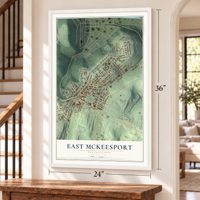 East McKeesport, Pennsylvania map, 24 x 36 inch print in a white frame by a staircase
