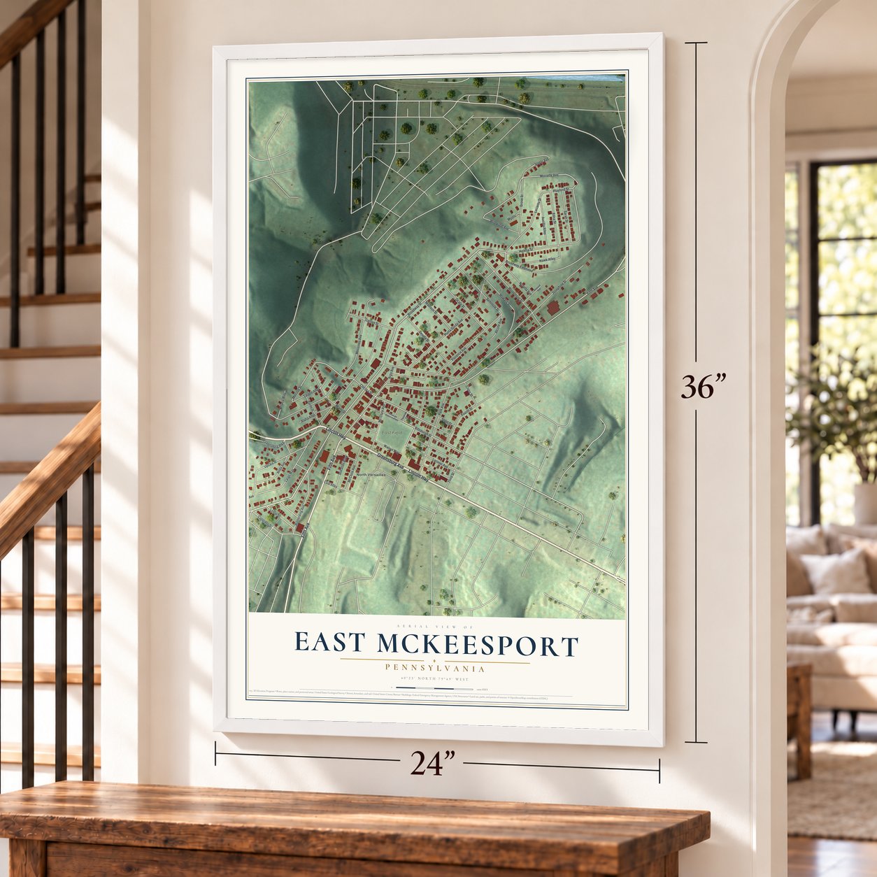 East McKeesport, Pennsylvania map, 24 x 36 inch print in a white frame by a staircase