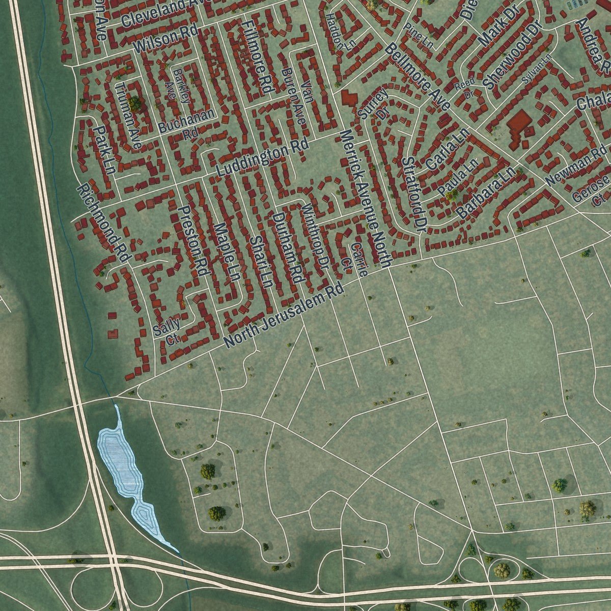Second close-up of the map of East Meadow, New York print showing more streets and buildings