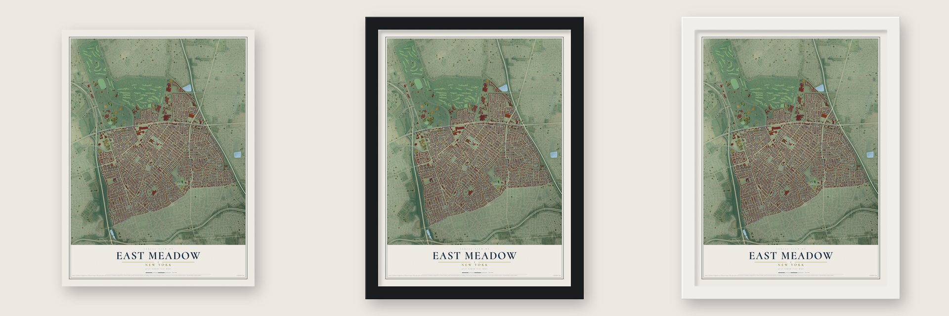 East Meadow, New York map unframed, in a black wood frame and in a white wood frame