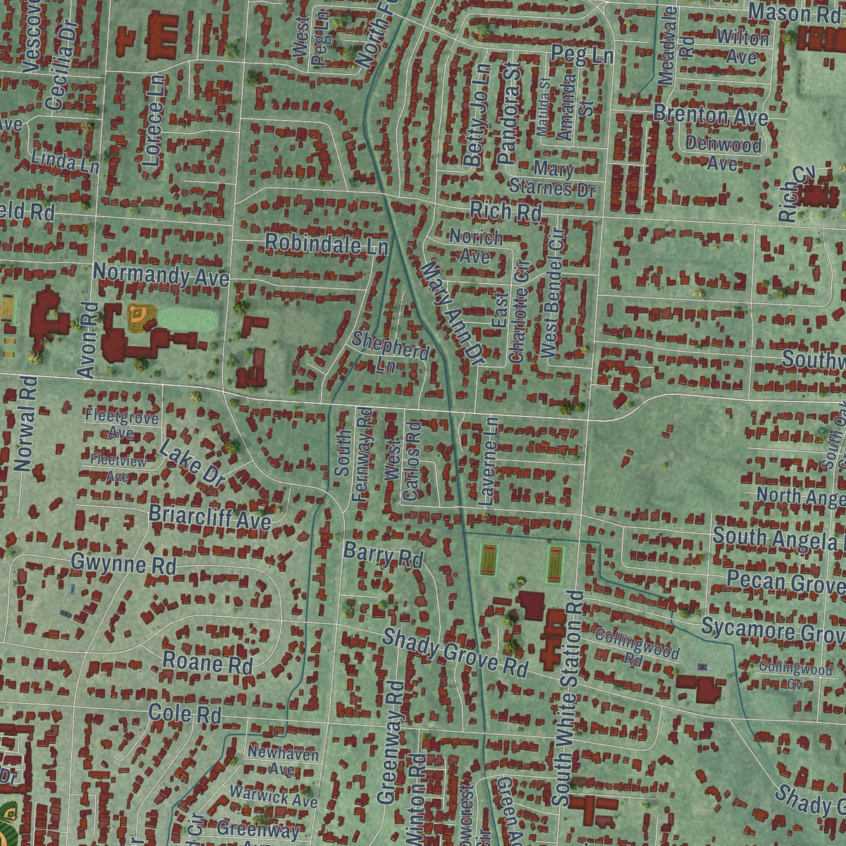 Second close-up of the map of East Memphis, Tennessee print showing more streets and buildings