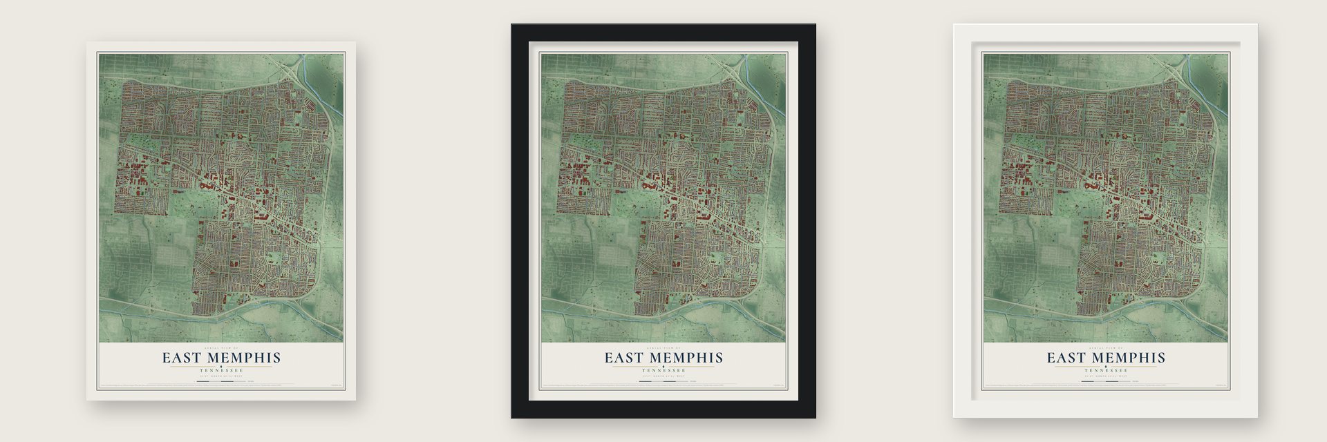 East Memphis, Tennessee map unframed, in a black wood frame and in a white wood frame