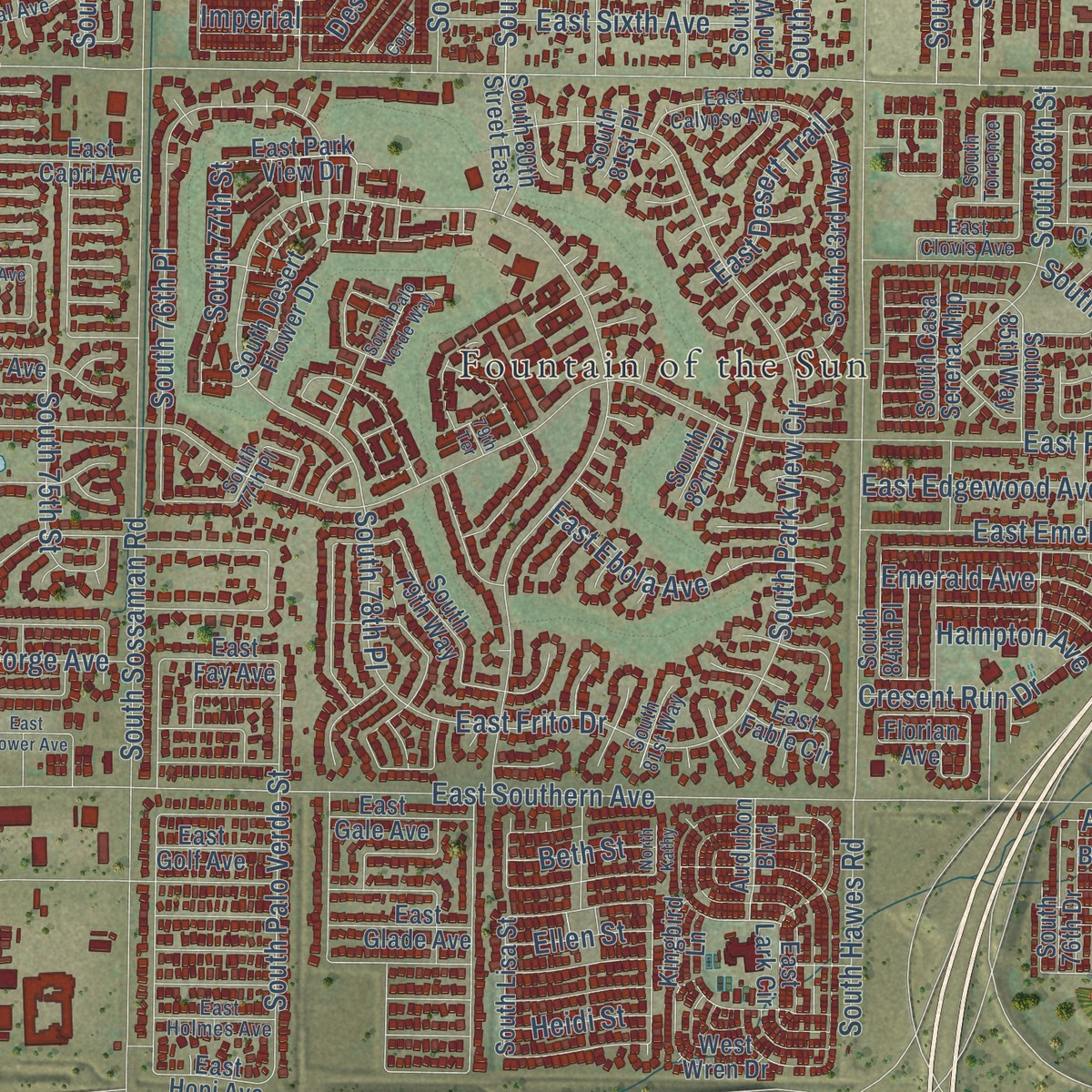 Second close-up of the map of East Mesa, Arizona print showing more streets and buildings