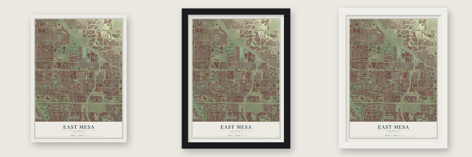 East Mesa, Arizona map unframed, in a black wood frame and in a white wood frame