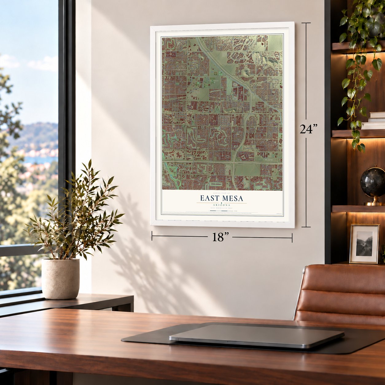 East Mesa, Arizona map, 18 x 24 inch print in a white frame in a home office
