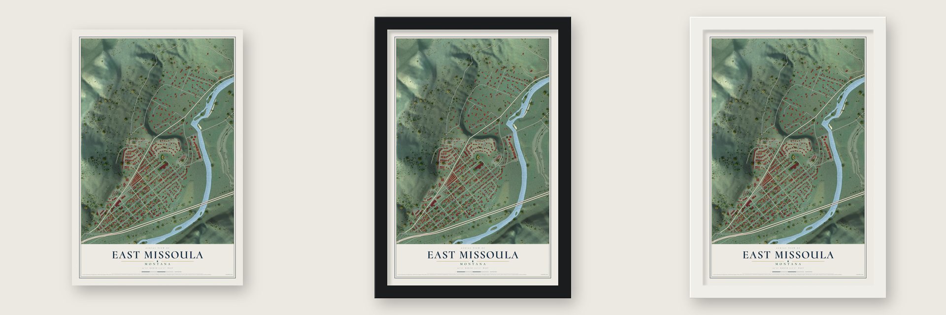 East Missoula, Montana map unframed, in a black wood frame and in a white wood frame