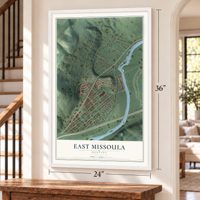 East Missoula, Montana map, 24 x 36 inch print in a white frame by a staircase