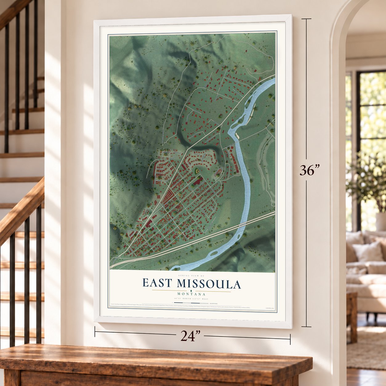 East Missoula, Montana map, 24 x 36 inch print in a white frame by a staircase
