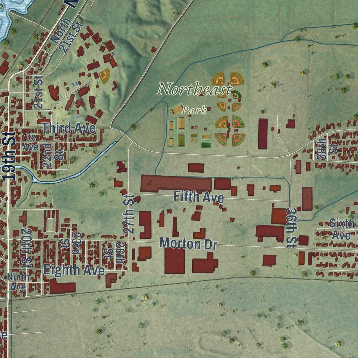 Second close-up of the map of East Moline, Illinois print showing more streets and buildings