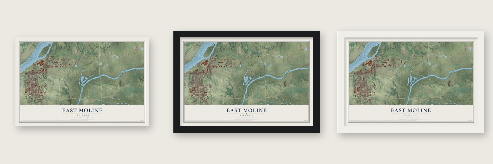 East Moline, Illinois map unframed, in a black wood frame and in a white wood frame