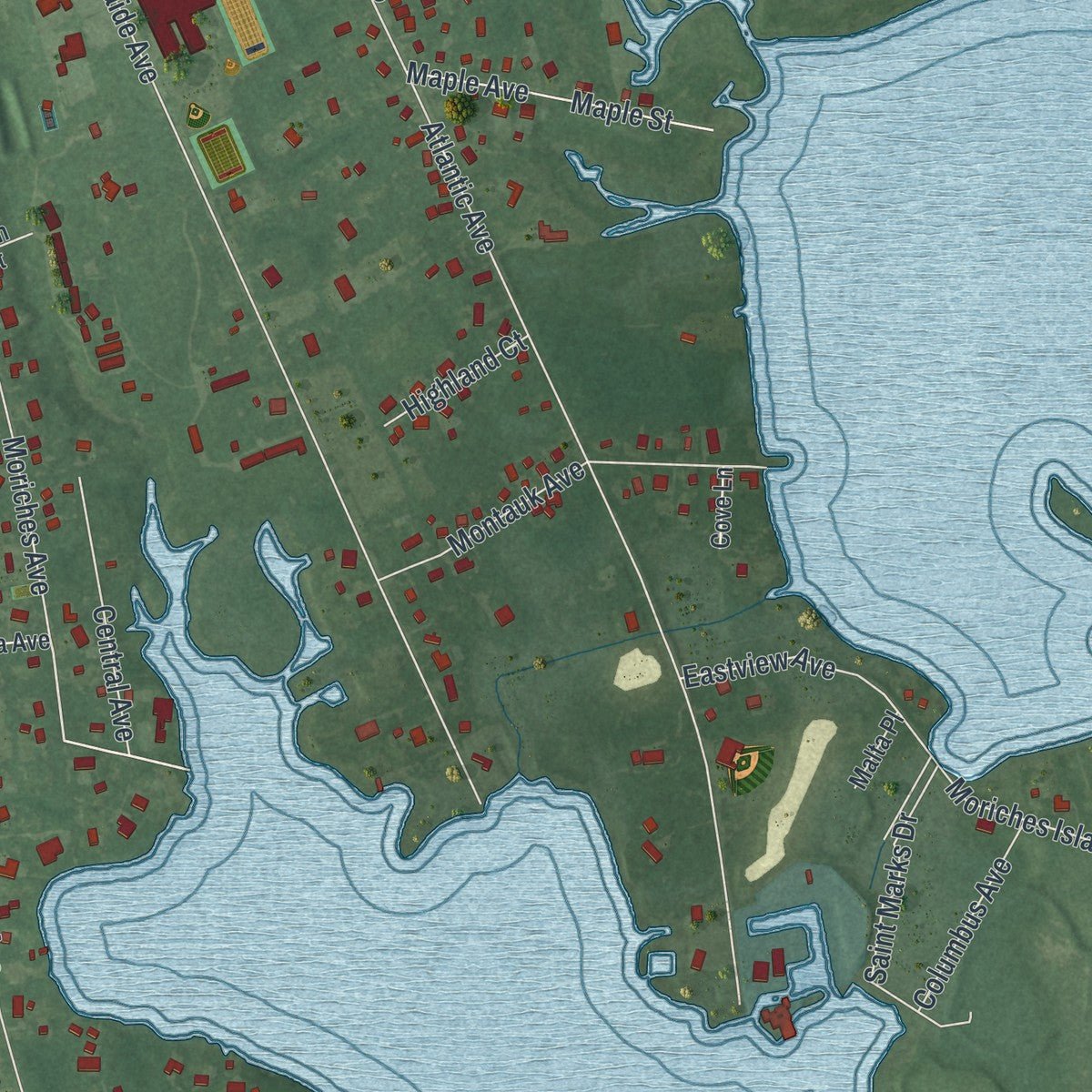 Second close-up of the map of East Moriches, New York print showing more streets and buildings