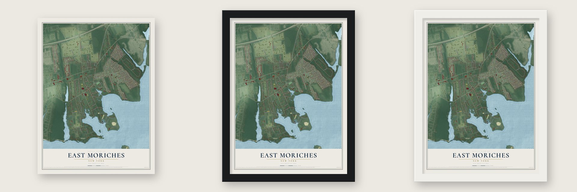 East Moriches, New York map unframed, in a black wood frame and in a white wood frame