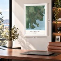 East Moriches, New York map, 18 x 24 inch print in a white frame in a home office