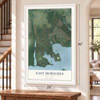 East Moriches, New York map, 24 x 36 inch print in a white frame by a staircase