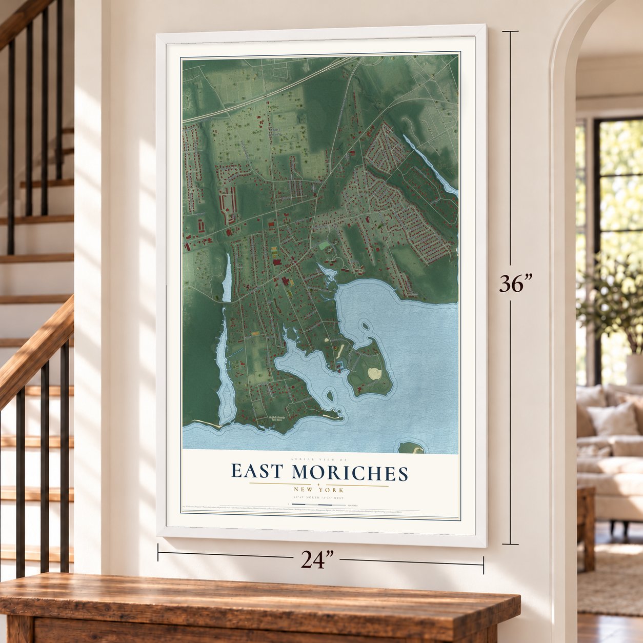 East Moriches, New York map, 24 x 36 inch print in a white frame by a staircase