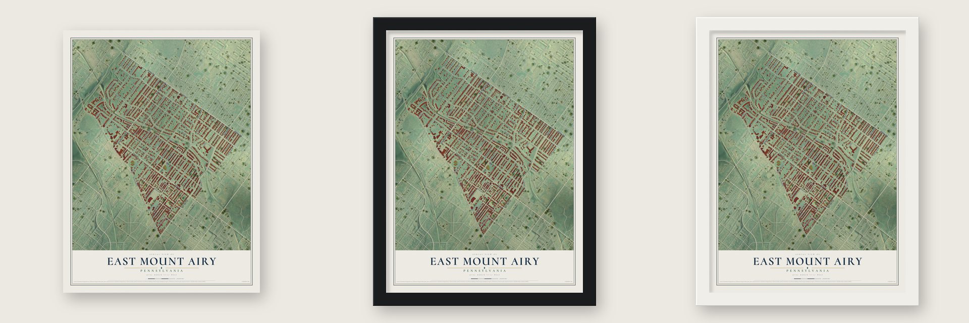 East Mount Airy, Pennsylvania map unframed, in a black wood frame and in a white wood frame