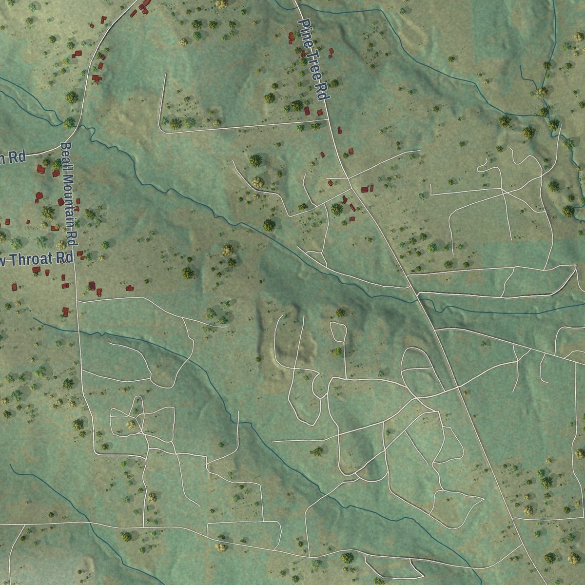 Second close-up of the map of East Mountain, Texas print showing more streets and buildings